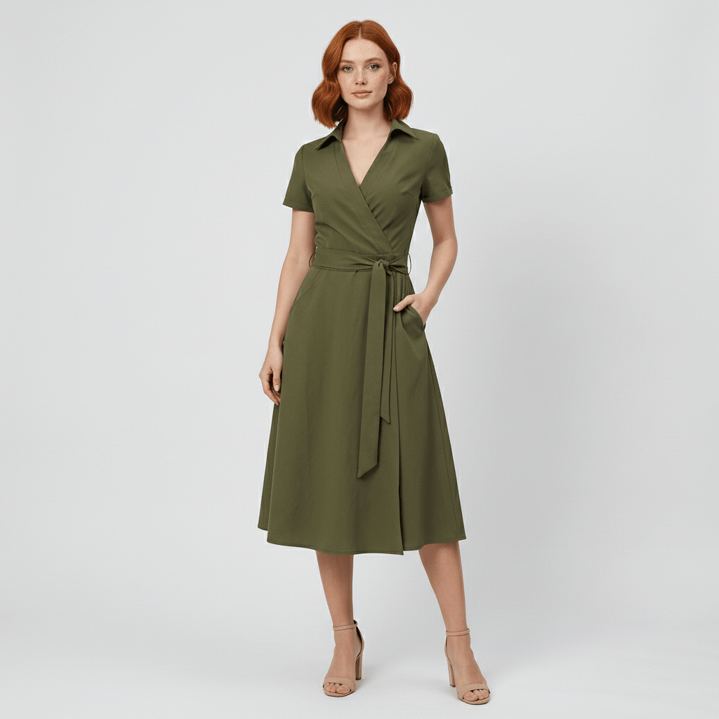 Ada V-Neck Midi Dress with Short Sleeves and Waist Tie - Olive Green