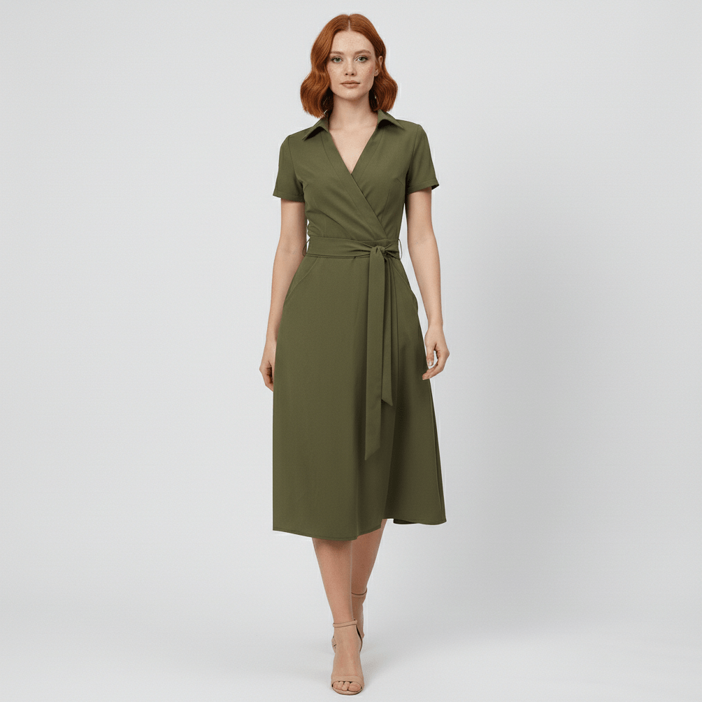 Ada V-Neck Midi Dress with Short Sleeves and Waist Tie