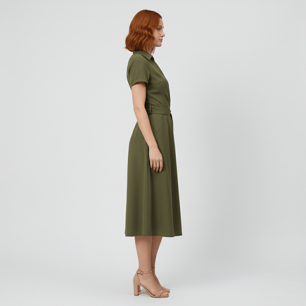 Ada V-Neck Midi Dress with Short Sleeves and Waist Tie