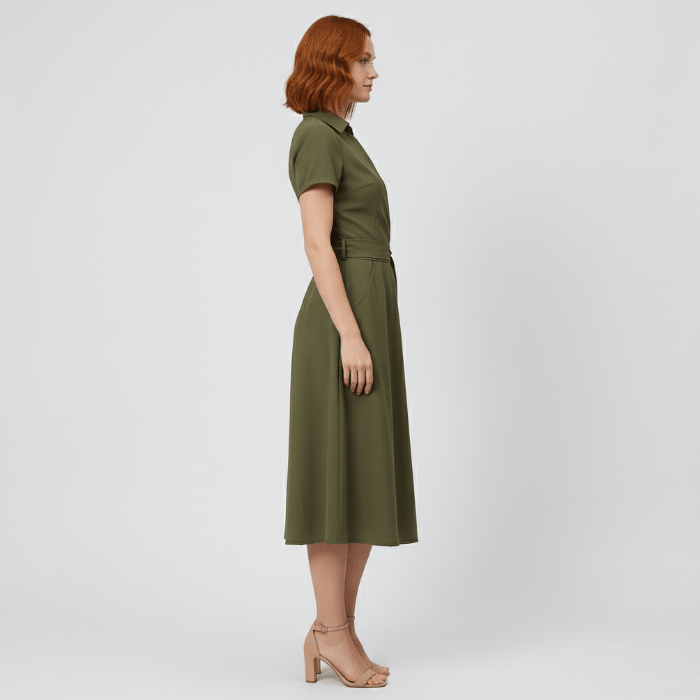 Ada V-Neck Midi Dress with Short Sleeves and Waist Tie