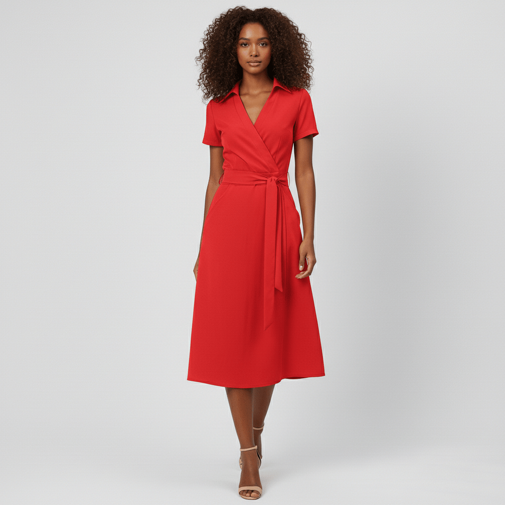 Ada V-Neck Midi Dress with Short Sleeves and Waist Tie - Classic Red