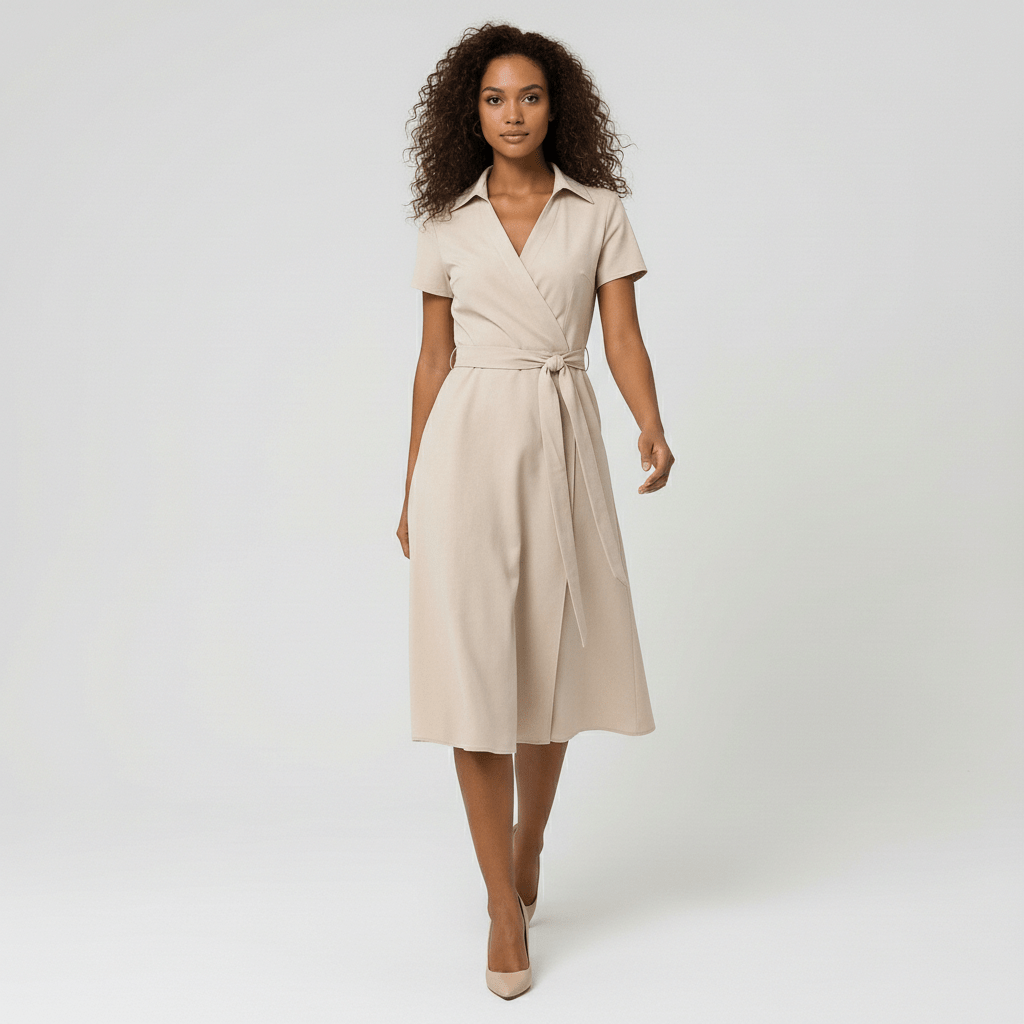 Ada V-Neck Midi Dress with Short Sleeves and Waist Tie