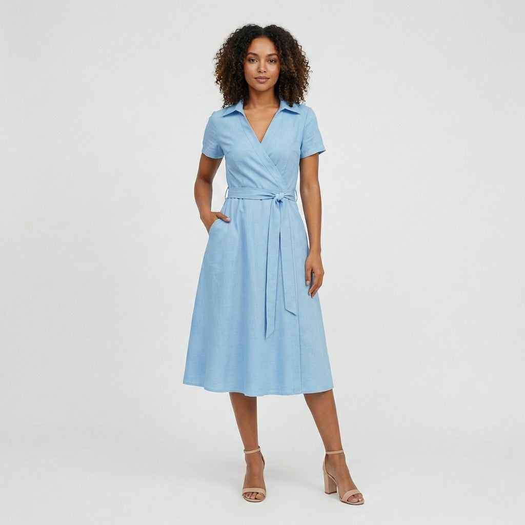 Ada V-Neck Midi Dress with Short Sleeves and Waist Tie - Sky Blue