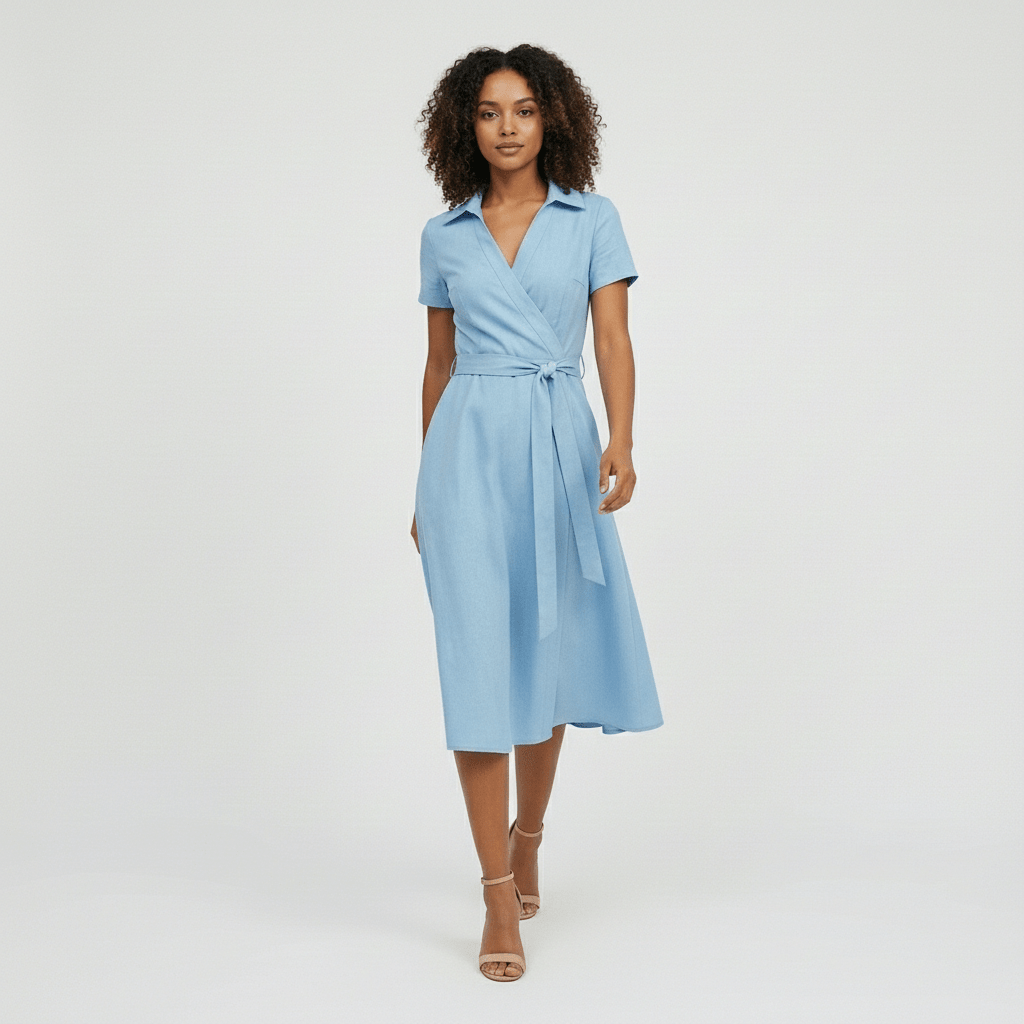 Ada V-Neck Midi Dress with Short Sleeves and Waist Tie