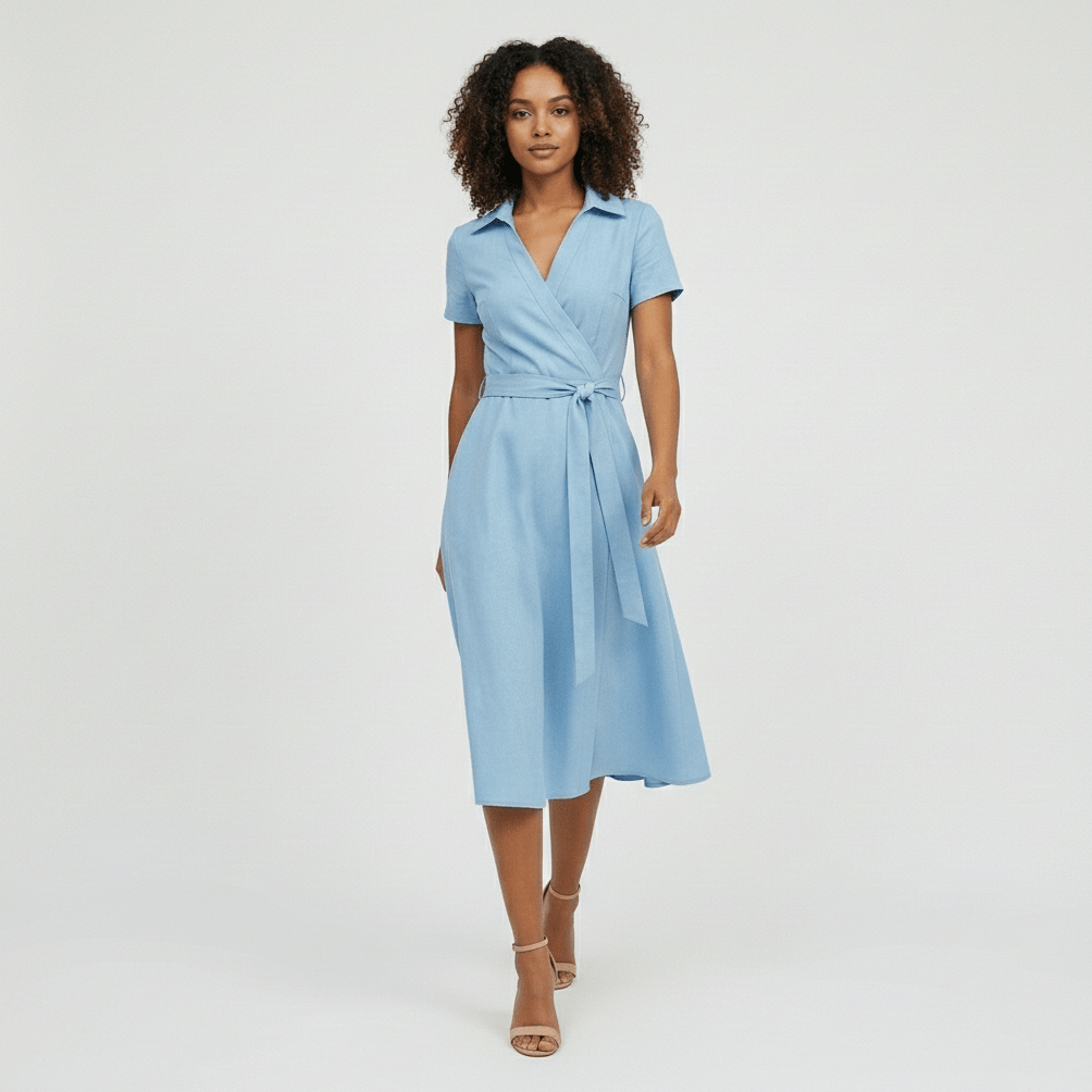 Ada V-Neck Midi Dress with Short Sleeves and Waist Tie