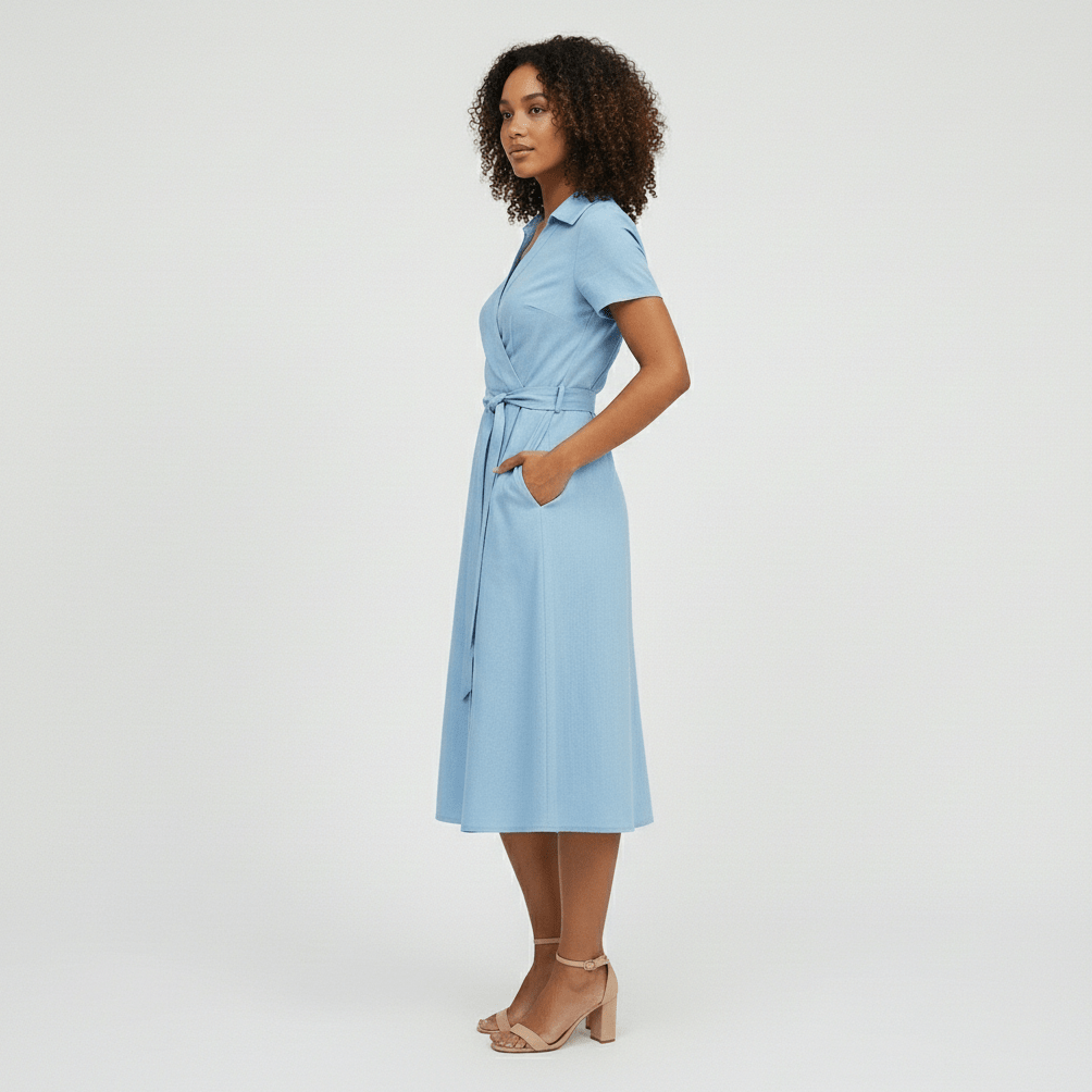 Ada V-Neck Midi Dress with Short Sleeves and Waist Tie