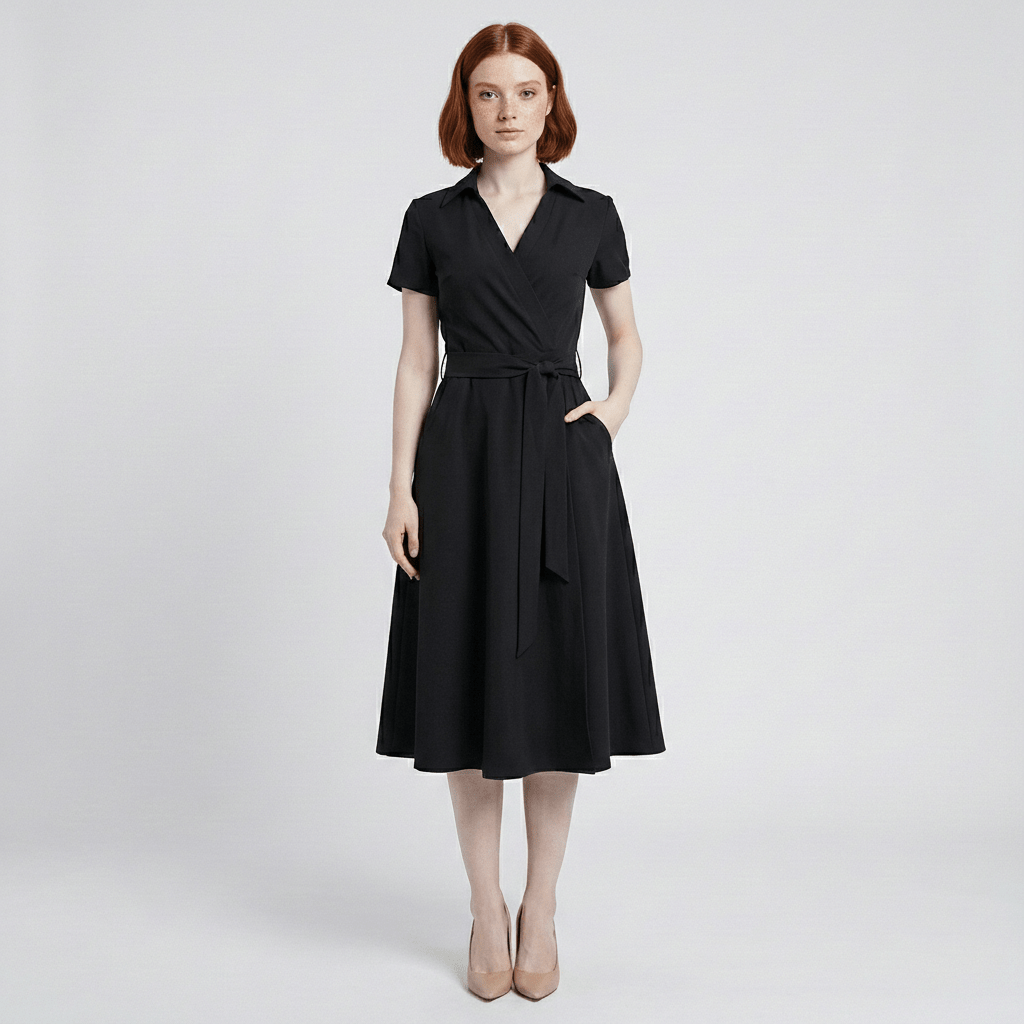 Ada V-Neck Midi Dress with Short Sleeves and Waist Tie - Deep Black