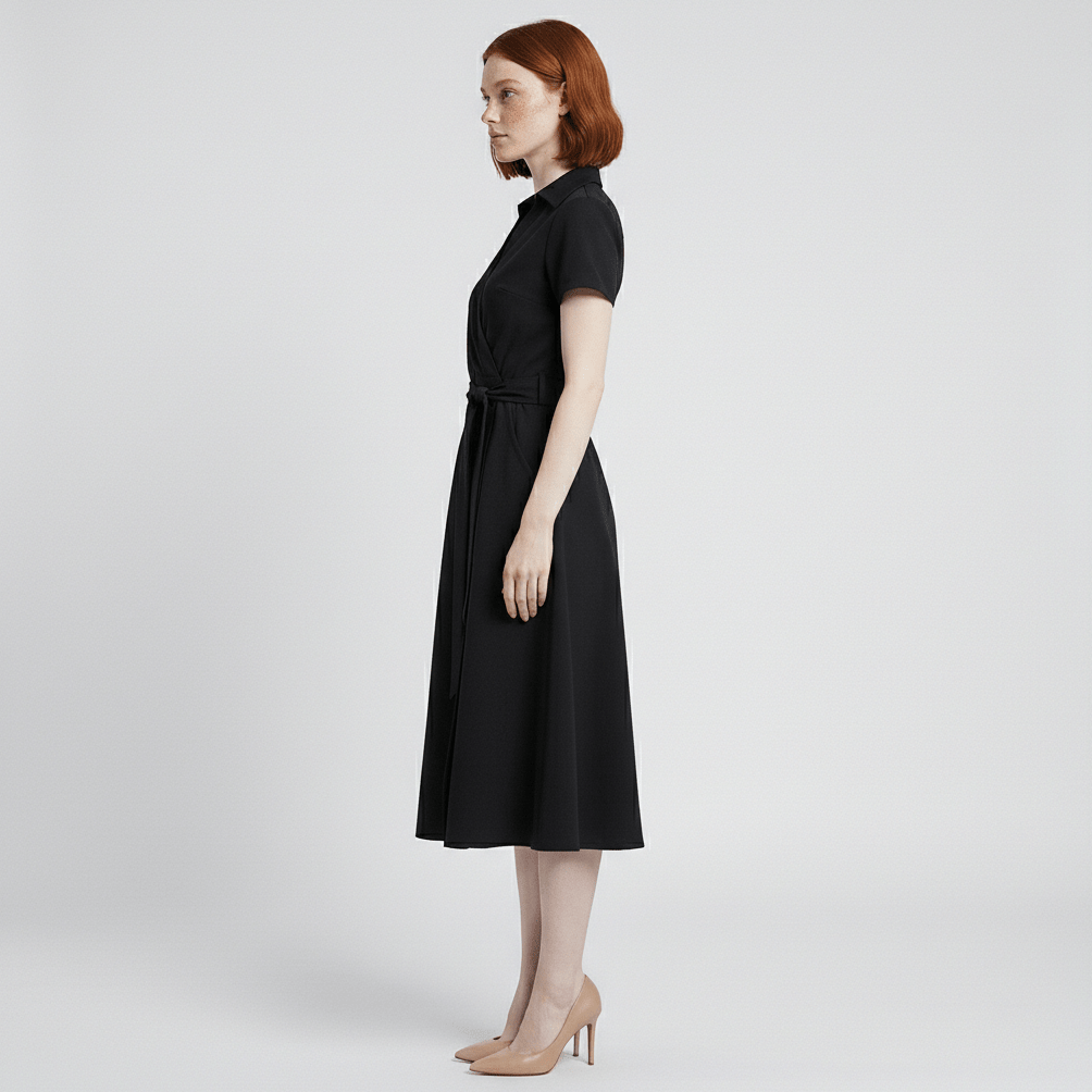 Ada V-Neck Midi Dress with Short Sleeves and Waist Tie