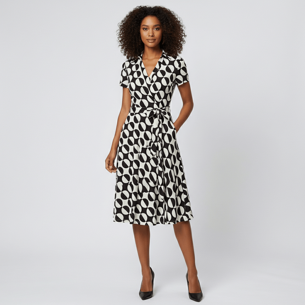 Ada V-Neck Midi Dress with Short Sleeves and Waist Tie - Geometric Multicolor
