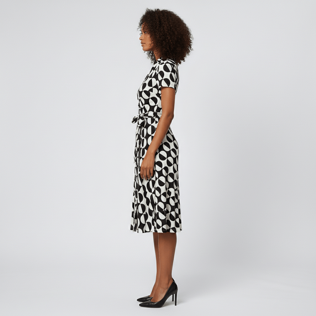 Ada V-Neck Midi Dress with Short Sleeves and Waist Tie