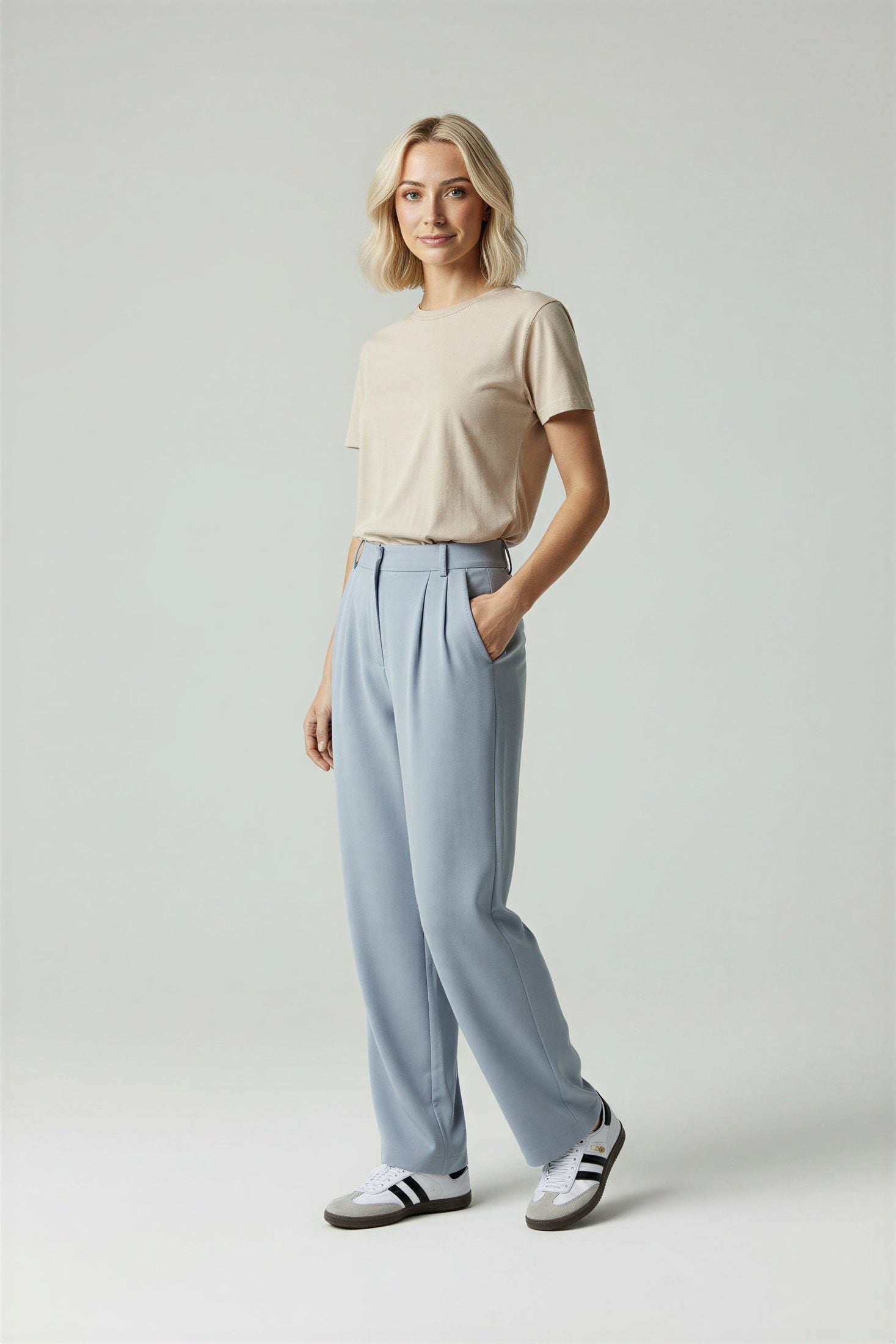 Adaline High-Waisted Wide Leg Trousers with Side Pockets - Sky Blue