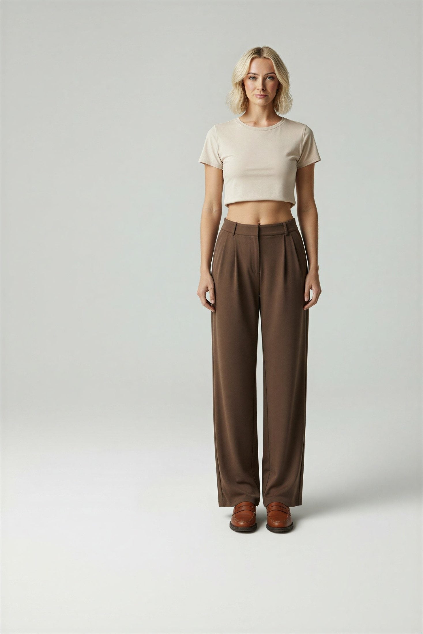 Adaline High-Waisted Wide Leg Trousers with Side Pockets - Espresso Brown