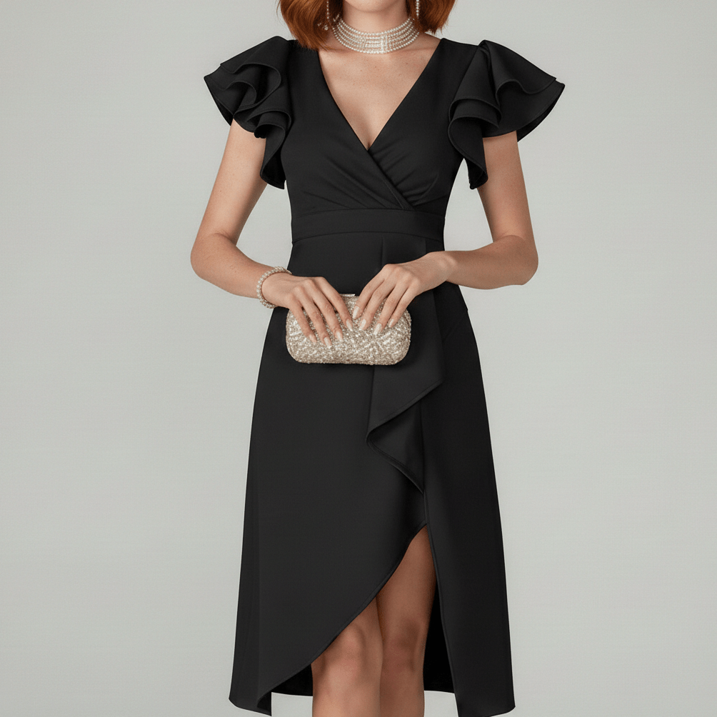 Alea Elegant Ruffle Wedding Guest Dress for Women - Classic Black