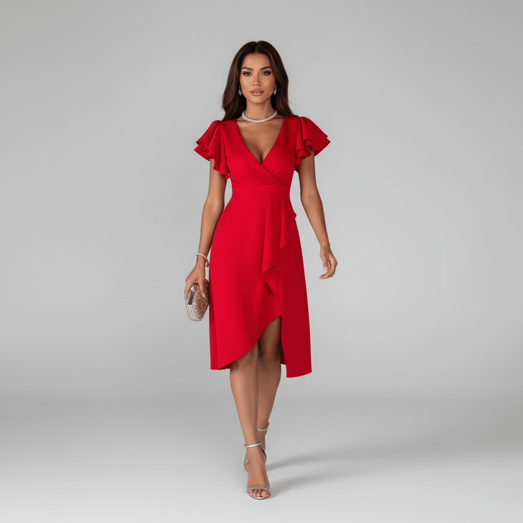Alea Elegant Ruffle Wedding Guest Dress for Women - Vivid Red