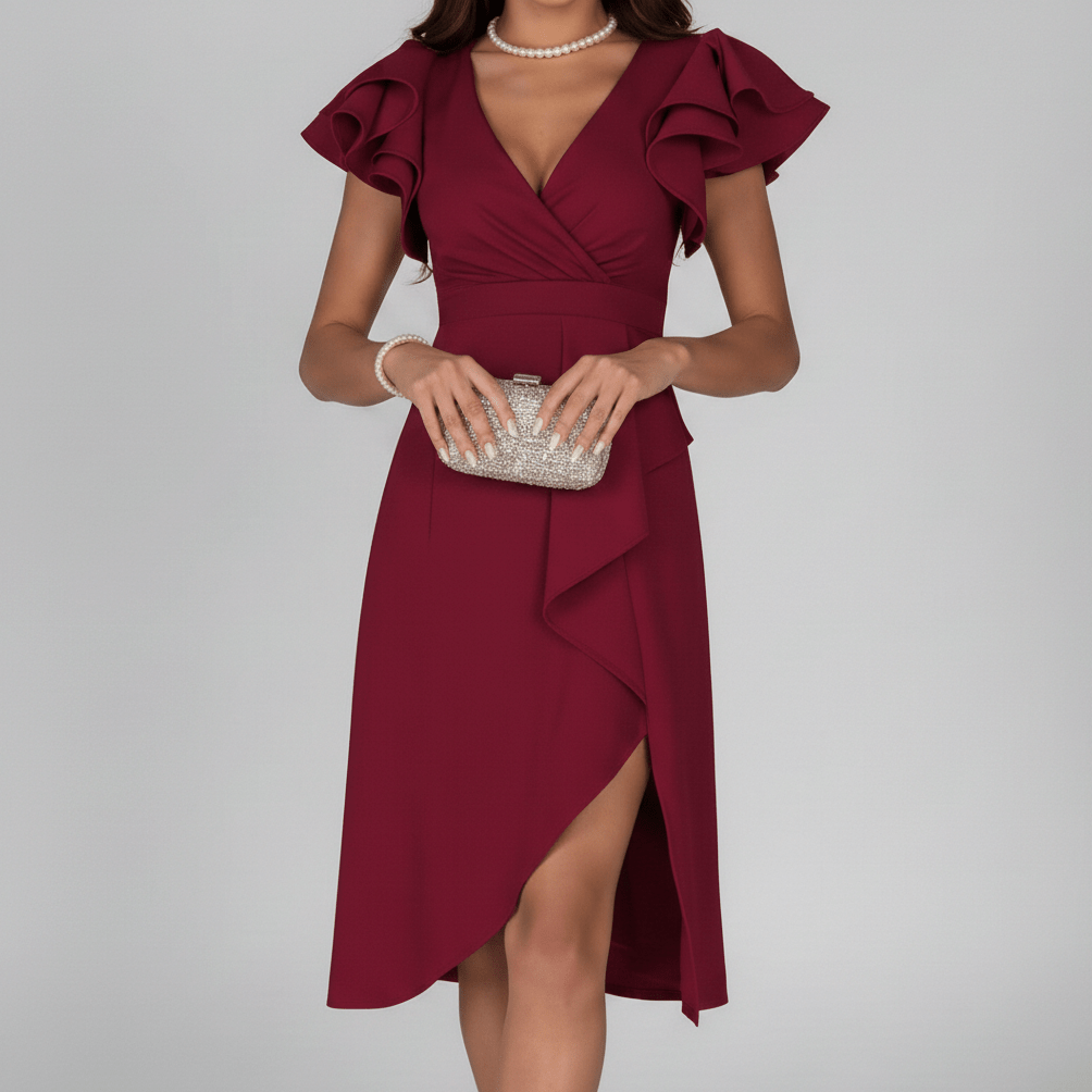Alea Elegant Ruffle Wedding Guest Dress for Women - Deep Red
