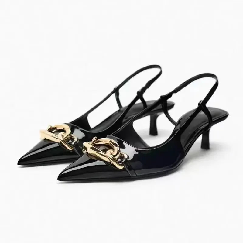 Alessia Chain Detail Slingback Kitten Heels with Pointed Toe - Jet Black