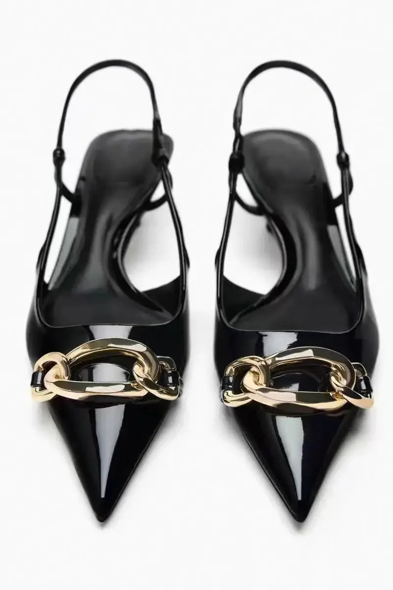 Alessia Chain Detail Slingback Kitten Heels with Pointed Toe