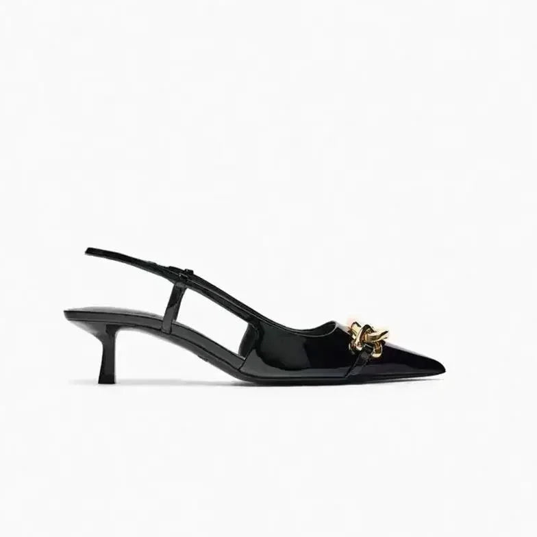 Alessia Chain Detail Slingback Kitten Heels with Pointed Toe