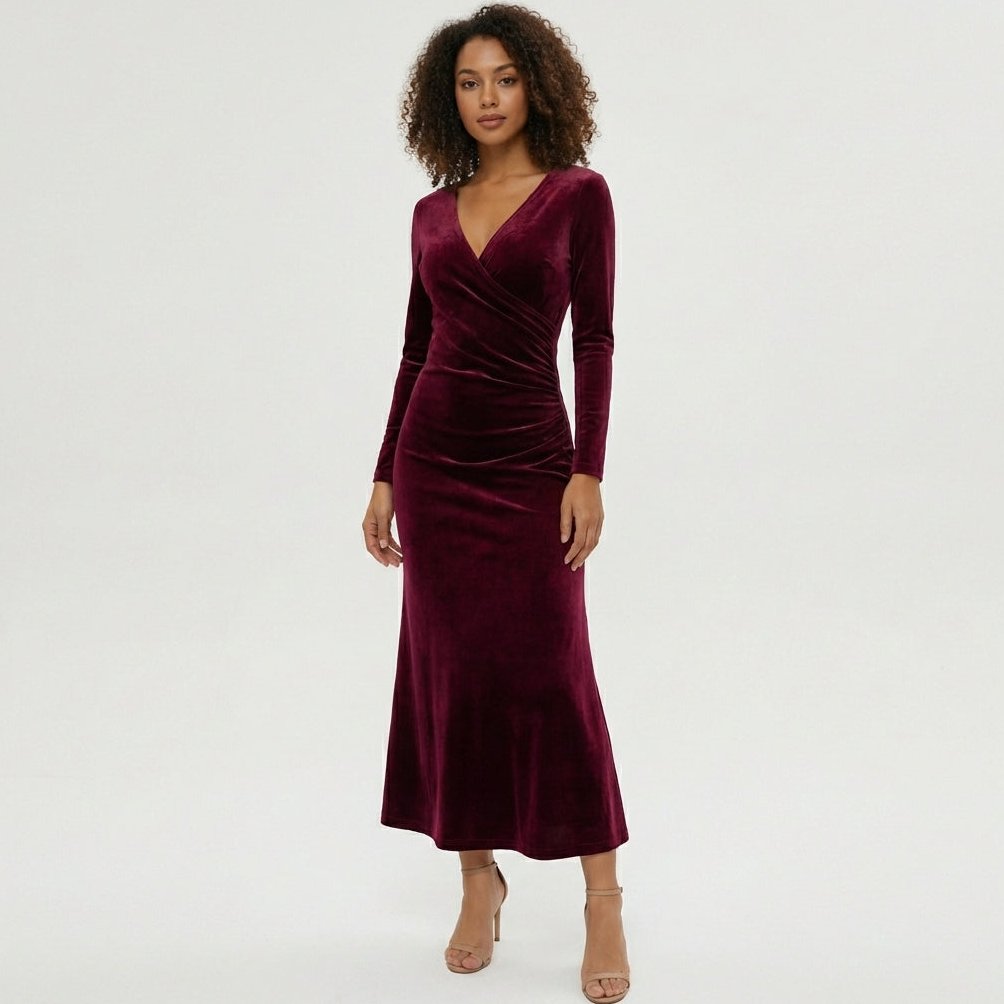 Aviana Velvet Wrap Midi Dress with V-Neck for Women - Claret Red