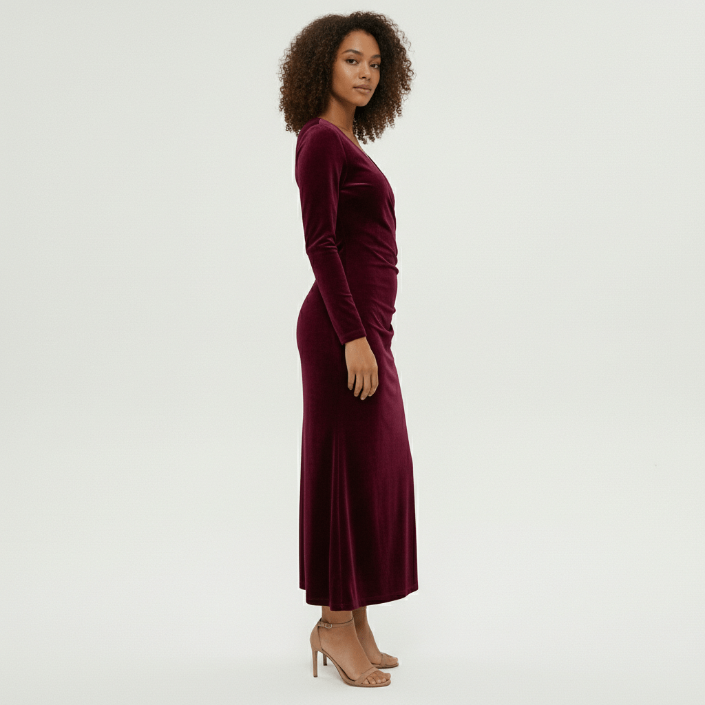 Aviana Velvet Wrap Midi Dress with V-Neck for Women