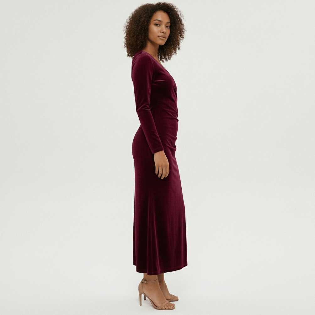 Aviana Velvet Wrap Midi Dress with V-Neck for Women