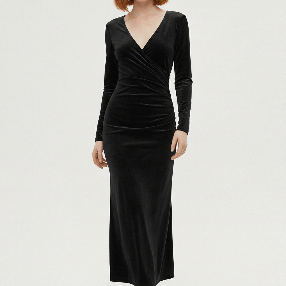 Aviana Velvet Wrap Midi Dress with V-Neck for Women - Midnight Black