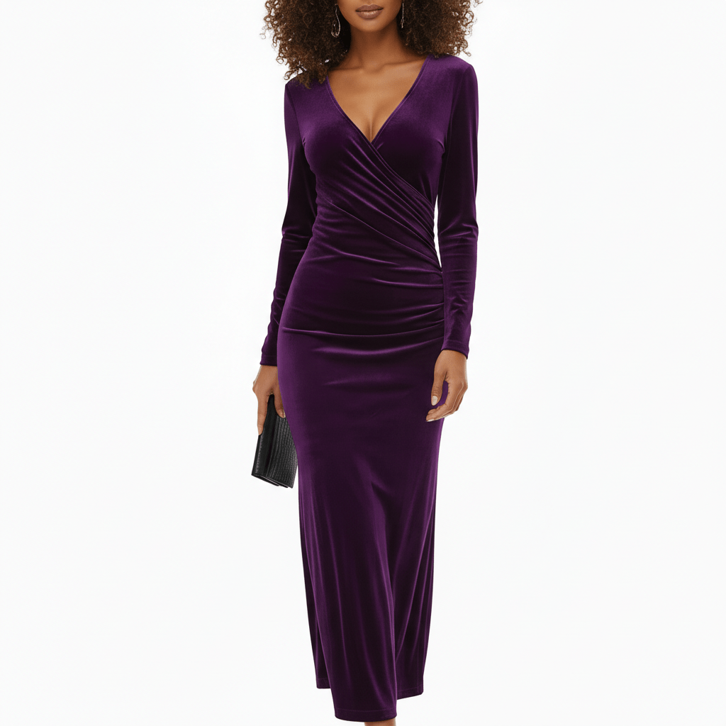 Aviana Velvet Wrap Midi Dress with V-Neck for Women - Royal Purple