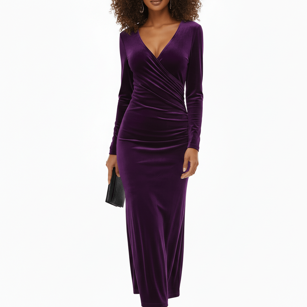 Aviana Velvet Wrap Midi Dress with V-Neck for Women - Royal Purple