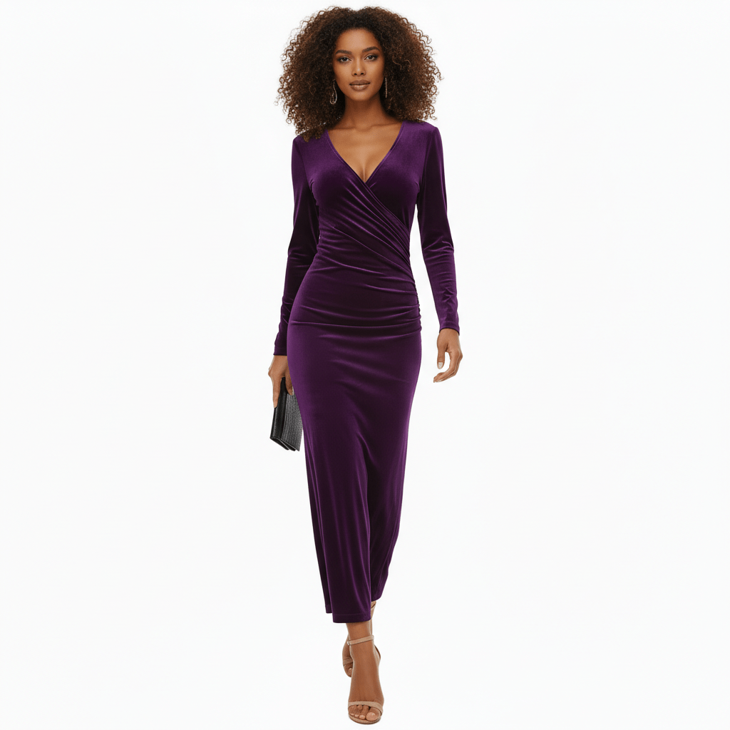 Aviana Velvet Wrap Midi Dress with V-Neck for Women