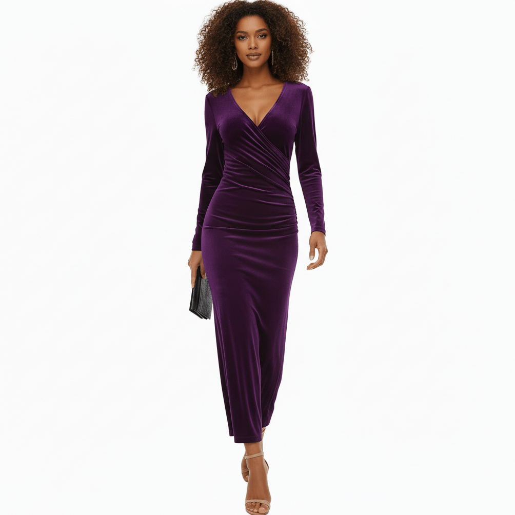 Aviana Velvet Wrap Midi Dress with V-Neck for Women