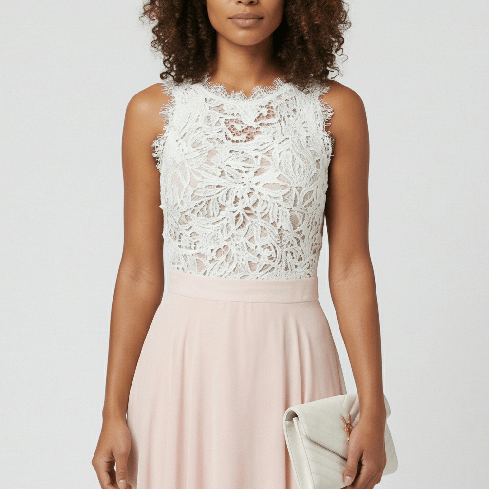 Beatrice Sleeveless Lace Bodice Maxi Dress with Round Neck