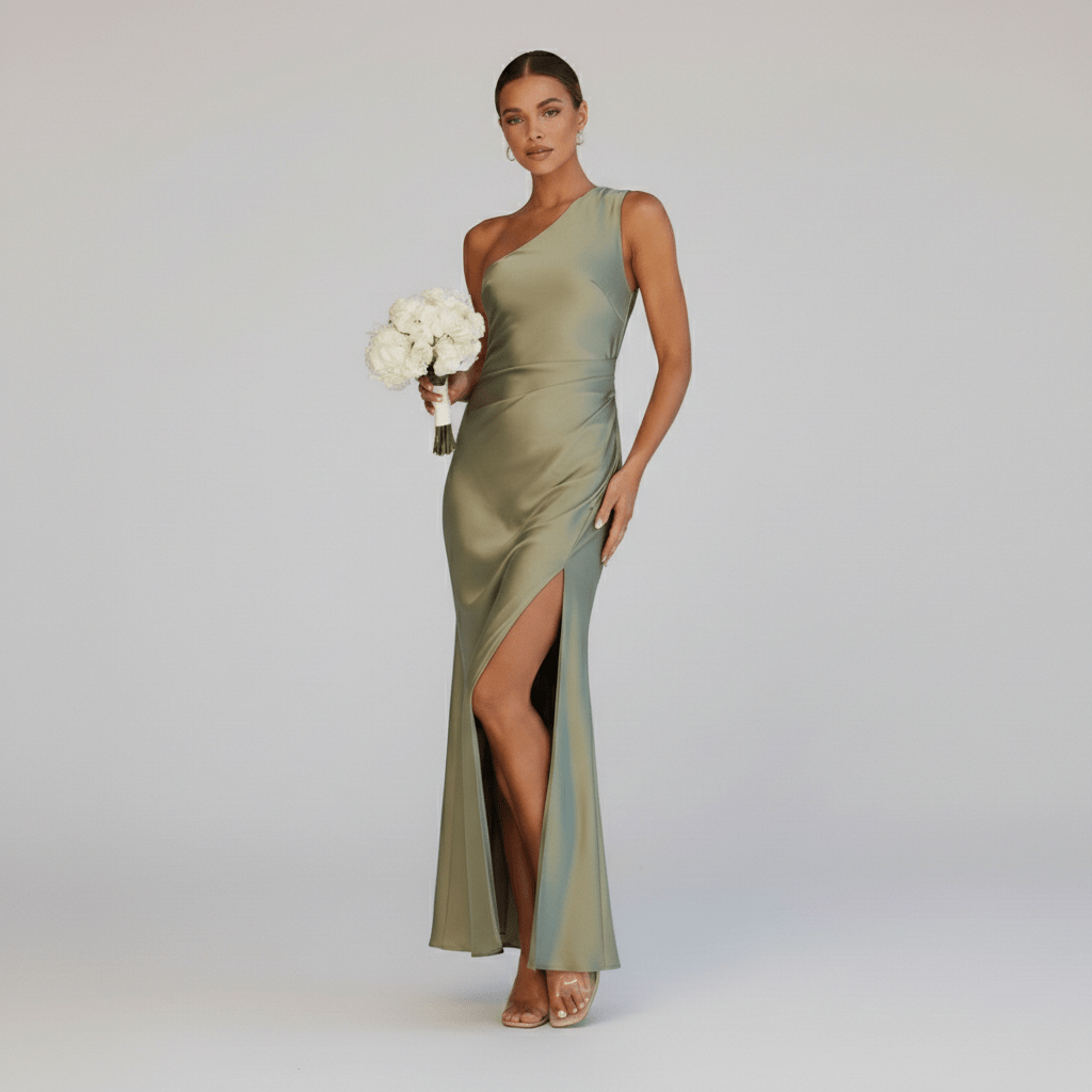 Bridget One Shoulder Green Maxi Dress with Side Split