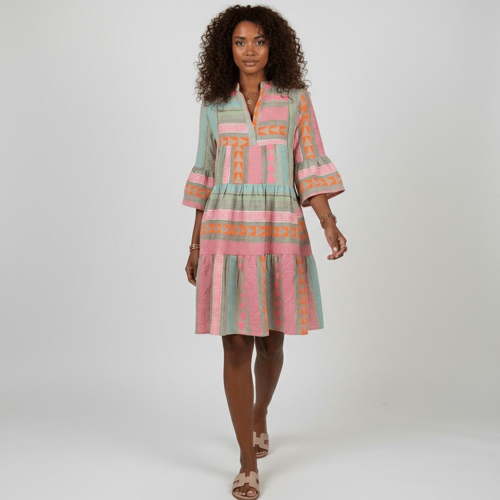 Briella Tiered Midi Dress with Geometric Print and 3/4 Sleeves