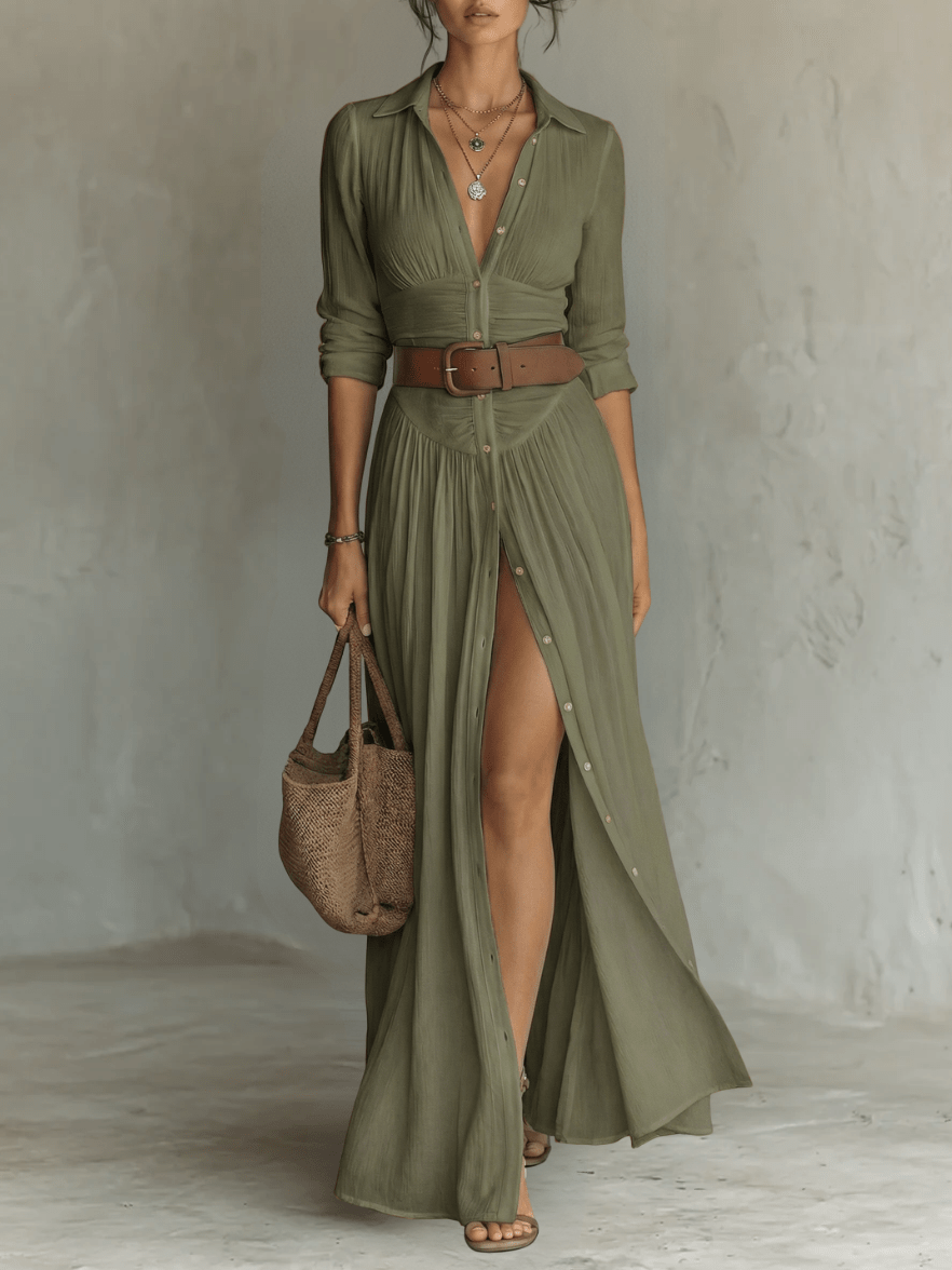 Brynlee Long Sleeve Button Through Maxi Shirt Dress for Women - Olive Green