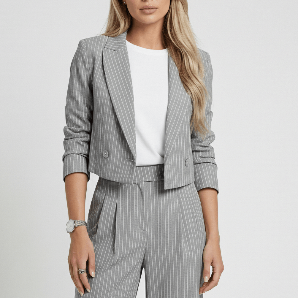 Callie Cropped Blazer and Wide Leg Pants Pinstripe Two-Piece Set