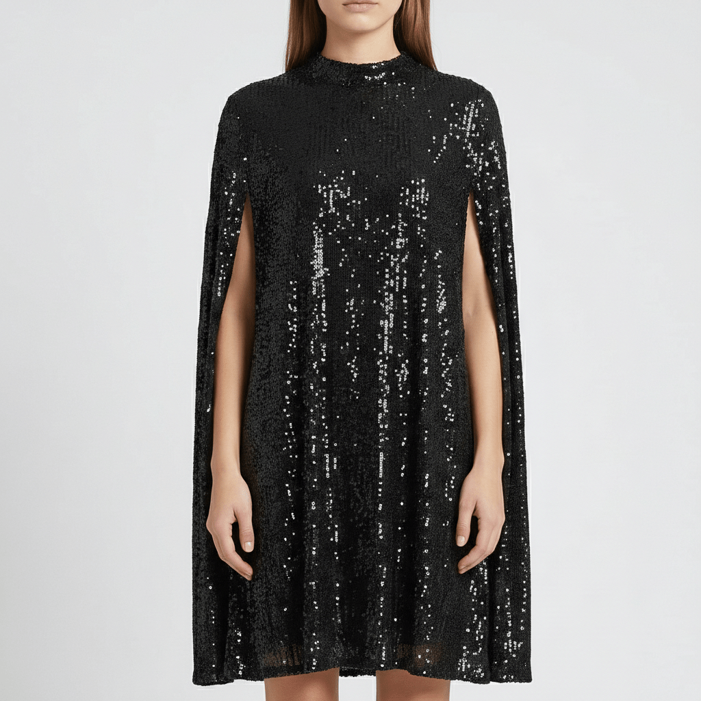 Chiara High Neck Sequin Cocktail Dress with Cape Sleeves - Midnight Black