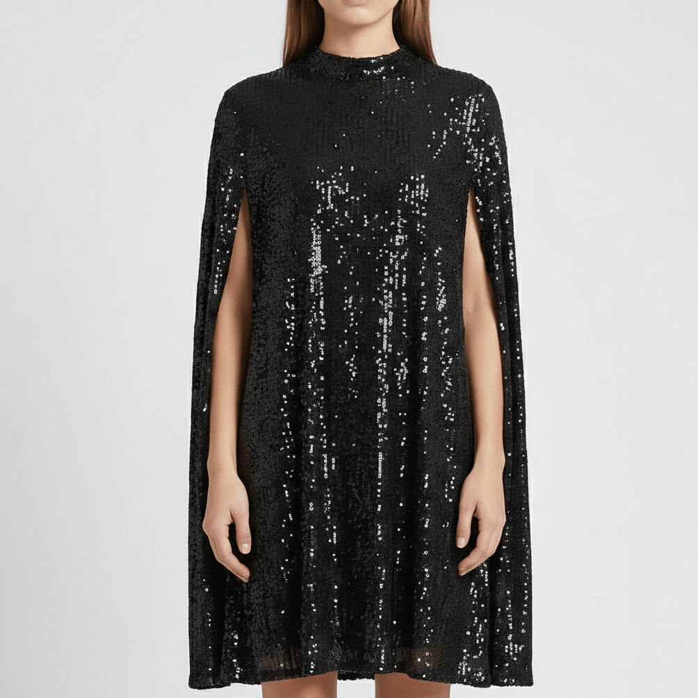 Chiara High Neck Sequin Cocktail Dress with Cape Sleeves - Midnight Black