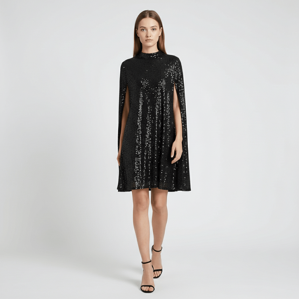 Chiara High Neck Sequin Cocktail Dress with Cape Sleeves