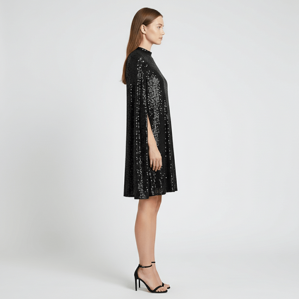 Chiara High Neck Sequin Cocktail Dress with Cape Sleeves