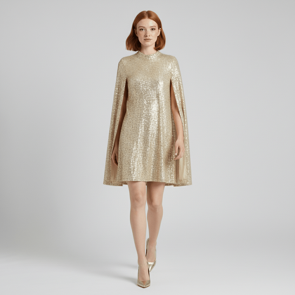 Chiara High Neck Sequin Cocktail Dress with Cape Sleeves