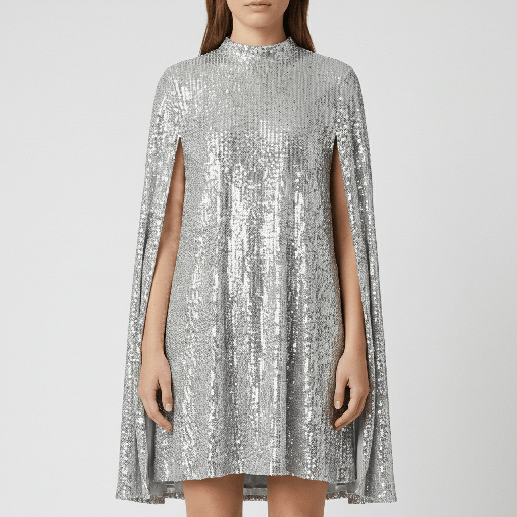 Chiara High Neck Sequin Cocktail Dress with Cape Sleeves - Sterling Silver