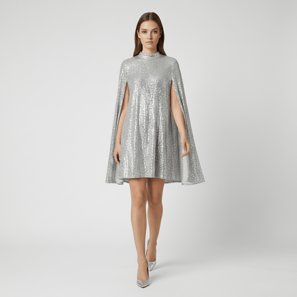 Chiara High Neck Sequin Cocktail Dress with Cape Sleeves