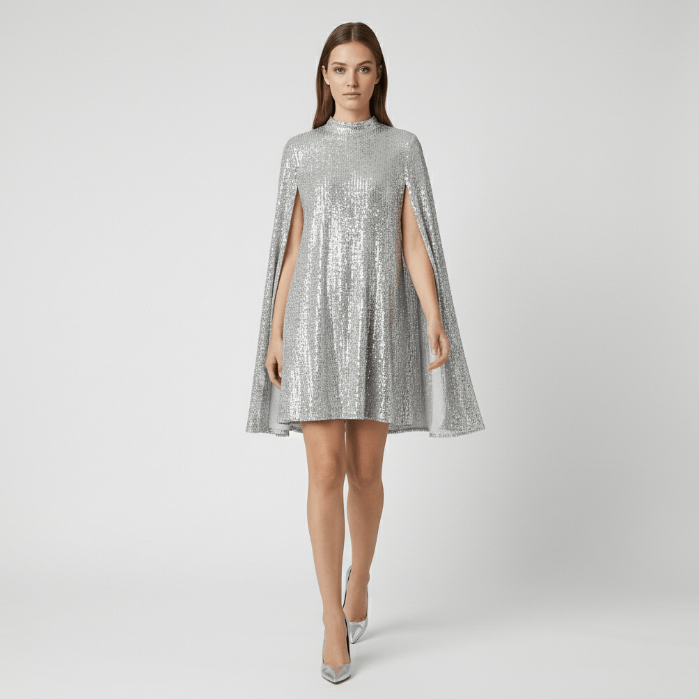 Chiara High Neck Sequin Cocktail Dress with Cape Sleeves