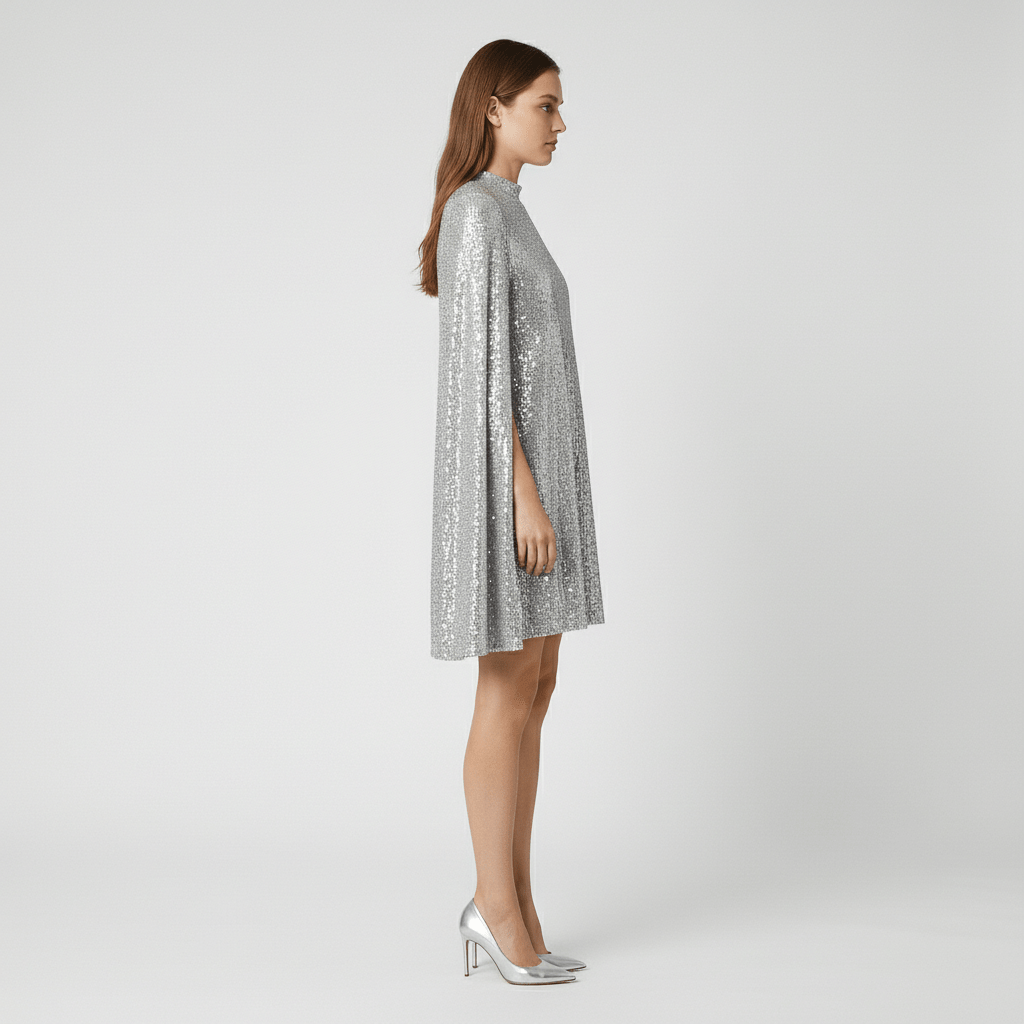 Chiara High Neck Sequin Cocktail Dress with Cape Sleeves