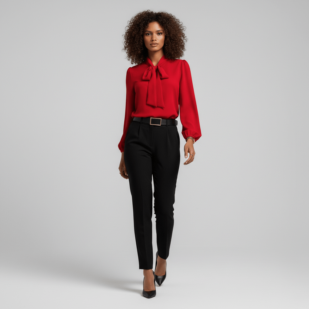 Christa Bow Tie Neck Long Sleeve Blouse with Tie Front
