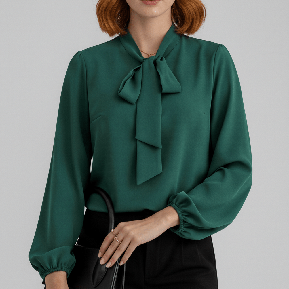 Christa Bow Tie Neck Long Sleeve Blouse with Tie Front - Forest Green