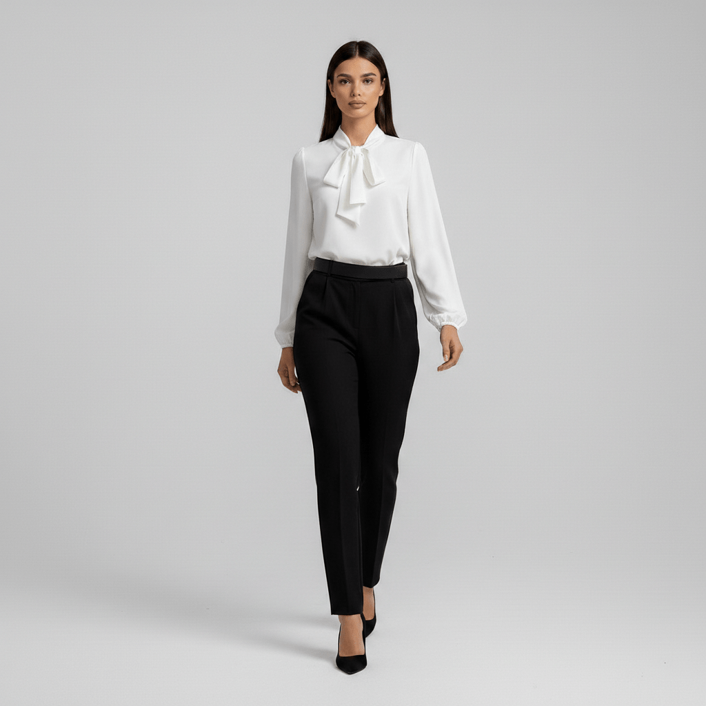 Christa Bow Tie Neck Long Sleeve Blouse with Tie Front