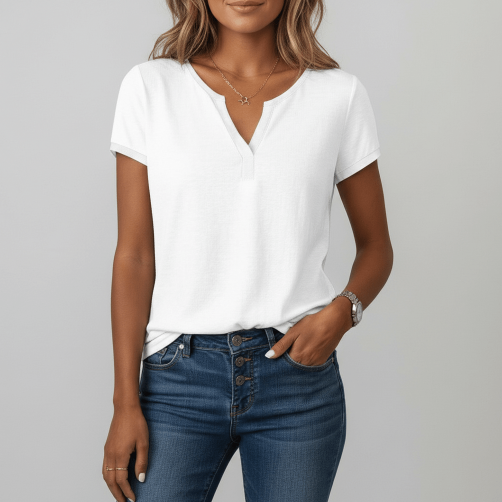 Claudia Short Sleeve V-Neck Blouse with Cuff Detail - Pure White