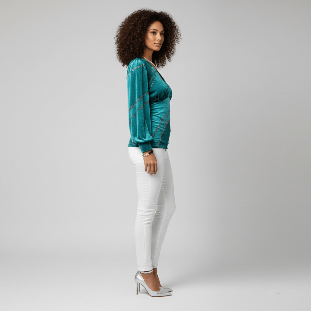 Constance Deep V-Neck Ruched Waist Blouse with Long Sleeves