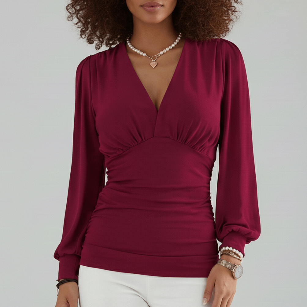 Constance Deep V-Neck Ruched Waist Blouse with Long Sleeves - Deep Red